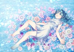 Rule 34 | 1girl, absurdly long hair, aqua eyes, aqua hair, artist name, artist request, bare legs, blue eyes, blue hair, blush, breasts, collared dress, dress, feet, female focus, full body, hatsune miku, highres, long hair, looking up, lying on flower, msmricca, parted lips, skirt, small breasts, smile, solo, twintails, very long hair, vocaloid, white dress, white skirt