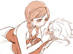 Rule 34 | 2girls, anna (frozen), azuma yukihiko, couple, elsa (frozen), eye contact, frozen (disney), hand on own cheek, hand on own face, happy, incest, looking at another, lying, lying on person, monochrome, multiple girls, siblings, sisters, sketch, smile, yuri