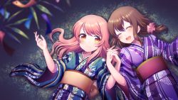 Rule 34 | 2girls, brown eyes, brown hair, closed eyes, from above, hair ornament, holding hands, interlocked fingers, japanese clothes, kimono, long hair, looking at viewer, lying, multiple girls, on back, open mouth, original, outdoors, pink hair, smile, suzumi shiro, yukata