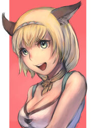 Rule 34 | 1girl, :d, animal ear fluff, animal ears, adventurer (ff11), blonde hair, blue eyes, blue hairband, breasts, cactus41747280, cat ears, cat girl, cleavage, final fantasy, final fantasy xi, hairband, highres, medium breasts, mithra (ff11), multicolored hairband, open mouth, red hairband, short hair, smile, solo, teeth, upper body, upper teeth only, white hairband