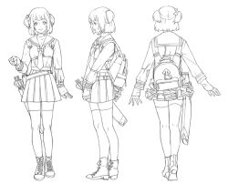 Rule 34 | 1girl, ankle boots, arrow (projectile), backpack, bag, boots, bow, character sheet, cross-laced footwear, from behind, from side, hair bow, lineart, long sleeves, monochrome, multiple views, nishihara isao, original, pleated skirt, school uniform, serafuku, shirt under shirt, short hair, skirt, smile, thighhighs, turnaround, turtleneck, two side up, zettai ryouiki