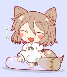 1girl :3 :d ^_^ animal_ear_fluff animal_ears barefoot blue_background blush_stickers brown_hair closed_eyes commentary_request fox_ears fox_girl fox_tail full_body green_ribbon hair_between_eyes highres ko~n kudamaki_tsukasa neck_ribbon open_mouth ribbon rokugou_daisuke short_hair short_sleeves signature simple_background sitting sleeve_ribbon smile solo tail test_tube touhou white_romper