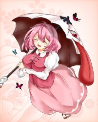 Rule 34 | alternate color, alternate hair color, breasts, bug, butterfly, geta, highres, holding, holding umbrella, insect, large breasts, long sleeves, pink background, pink hair, poke200, shirt, short hair, skirt, tatara kogasa, tongue, touhou, touhou (pc-98), umbrella, vest, white shirt