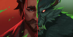 Rule 34 | 2boys, arcane: league of legends, beard, body fur, brown hair, closed mouth, colored sclera, commentary, english commentary, facial hair, fangs, full beard, green background, green theme, grey fur, hair slicked back, highres, kurooobunbun, league of legends, looking at viewer, multiple boys, red background, red sclera, red theme, scar, scar on face, sharp teeth, short hair, split, split screen, teeth, thick eyebrows, vander (arcane), warwick, werewolf, yellow eyes
