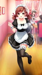 Rule 34 | 1girl, :d, apron, black footwear, black neckwear, black shirt, black skirt, black thighhighs, blurry, blurry background, blush, braid, breasts, bridal garter, brown eyes, brown hair, cleavage, collarbone, doukyuusei 2, doukyuusei another world, frilled apron, frilled skirt, frills, game cg, hair ribbon, holding, holding plate, long hair, looking at viewer, maid, maid headdress, mary janes, medium breasts, miniskirt, nagashima kumiko, official art, open mouth, plate, red ribbon, ribbon, shirt, shoes, short sleeves, skirt, smile, solo focus, standing, standing on one leg, thigh strap, thighhighs, twin braids, twintails, waist apron, white apron, wrist cuffs, zettai ryouiki