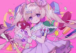 Rule 34 | 1girl, :p, absurdres, ahoge, blonde hair, candy, cowboy shot, dress, earrings, fishnet pantyhose, fishnets, food, hair ornament, hairclip, highres, jewelry, lollipop, long hair, modohwa, original, pantyhose, pink background, purple dress, purple eyes, symbol-shaped pupils, tongue, tongue out, twintails, wrist cuffs