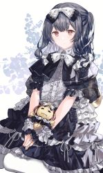 Rule 34 | 1girl, absurdres, bad id, bad pixiv id, black bow, black dress, black hair, blush, bow, commentary request, dress, frilled dress, frills, gothic lolita, hair bow, highres, idolmaster, idolmaster shiny colors, lolita fashion, long hair, looking at viewer, migolu, morino rinze, pantyhose, red eyes, short sleeves, sitting, solo, stuffed toy, white pantyhose, wrist cuffs