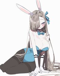 Rule 34 | 1girl, 3j dangan, animal ears, asuna (blue archive), asuna (bunny) (blue archive), bare shoulders, blue archive, blue bow, blue bowtie, blue eyes, blue leotard, blue ribbon, blush, bow, bowtie, breasts, brown hair, brown pantyhose, detached collar, fake animal ears, gloves, hair over one eye, hair ribbon, half-closed eye, highres, large breasts, leotard, long hair, looking at viewer, official alternate costume, pantyhose, playboy bunny, rabbit ears, ribbon, sitting, solo, thighband pantyhose, traditional bowtie, very long hair, white gloves, yokozuwari
