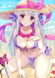 Rule 34 | 1girl, animal hair ornament, azur lane, beach, bikini, bird, breasts, cleavage, curvy, cygnet (azur lane), cygnet (sea star on shore) (azur lane), feet out of frame, flower bracelet, hand on own chest, hat, highres, large breasts, long hair, looking at viewer, official alternate costume, pink eyes, pink ribbon, plaid, plaid bikini, plaid ribbon, purple bikini, ribbon, seiza, shinko gunsei, sitting, solo, starfish, straw hat, swan, swimsuit, thighs, very long hair, water, white hair