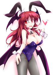 Rule 34 | 1girl, :p, alternate costume, animal ears, areola slip, bare shoulders, bat wings, black pantyhose, blush, breasts, cleavage, detached collar, fumitsuki (minaduki 6), head wings, heart, highres, koakuma, large breasts, leotard, long hair, low wings, multiple wings, pantyhose, playboy bunny, rabbit ears, red eyes, red hair, smile, solo, tongue, tongue out, touhou, wings, wrist cuffs