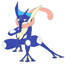 Rule 34 | brown eyes, commentary, creature, creatures (company), english commentary, fighting stance, full body, game freak, gen 6 pokemon, greninja, nintendo, no humans, pinkgermy, pokemon, pokemon (creature), simple background, solo, standing, tongue, tongue out, tongue scarf, white background
