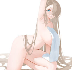 Rule 34 | 1girl, arm up, asuna (blue archive), bare arms, bare shoulders, blonde hair, blue archive, breasts, cleavage, commentary request, grin, hair over one eye, kono (xerondan321), large breasts, long hair, looking at viewer, naked towel, one eye covered, simple background, sitting, smile, solo, thighhighs, thighs, towel, very long hair, white background, white thighhighs