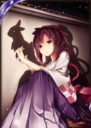 Rule 34 | 1girl, akkijin, brown eyes, brown hair, card (medium), japanese clothes, looking at viewer, night, night sky, outdoors, rabbit, rabbit shadow puppet, shadow, shinkai no valkyrie, sitting, sky, solo, star (sky), starry sky