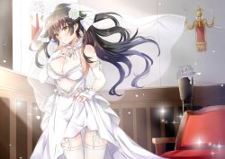Rule 34 | 1girl, armchair, azur lane, bare shoulders, blush, bow, breasts, bridal gauntlets, brown eyes, brown hair, chair, cleavage, closed mouth, commentary request, dress, flower, garter straps, hair flower, hair ornament, head tilt, indoors, large breasts, long hair, mashiro aa, rose, see-through, sleeveless, sleeveless dress, solo, standing, takao (azur lane), thighhighs, very long hair, white bow, white dress, white flower, white rose, white thighhighs