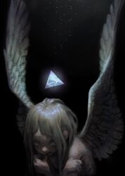 Rule 34 | 1girl, biting, black background, bleeding, blood, bloody tears, fang, feathered wings, finger biting, hand on own arm, highres, jonpei, light particles, long hair, nude, original, pyramid (geometry), self hug, solo, upper body, white eyes, white hair, white wings, wings
