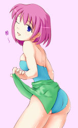Rule 34 | 1990s (style), 1girl, ass, bare shoulders, blue eyes, breasts, clothes lift, dancer, female focus, final fantasy, final fantasy v, lenna charlotte tycoon, leotard, looking back, maguro (fufu), one eye closed, open mouth, pink hair, retro artstyle, short hair, simple background, skirt, skirt lift, solo, wink
