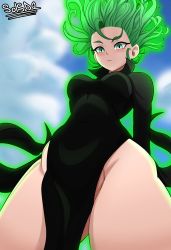 Rule 34 | 1girl, absurdres, artist name, aura, bare legs, black dress, blue sky, breasts, covered navel, curly hair, curvy, dress, floating hair, glowing, glowing hair, green eyes, green hair, groin, highres, hip vent, legs, long sleeves, looking at viewer, looking down, medium breasts, no panties, no pants, one-punch man, pelvic curtain, psychic, skin tight, sky, solo, tatsumaki, thick thighs, thighs, wide hips