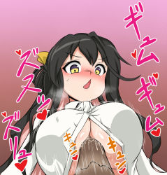 Rule 34 | 10s, 1girl, blush, breasts, covered erect nipples, disembodied penis, handsfree paizuri, isemagu, kantai collection, large breasts, long hair, looking at viewer, looking down, naganami (kancolle), open mouth, paizuri, paizuri under clothes, penis, solo, uncensored, underboob