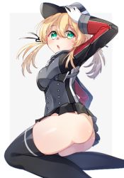 Rule 34 | 10s, 1girl, :o, anchor choker, arm up, ass, black ribbon, black skirt, black thighhighs, blonde hair, blush, breasts, choker, gloves, green eyes, grey background, grey hat, hair between eyes, hair ribbon, hat, holding, holding clothes, holding hat, jumping, kantai collection, long sleeves, looking at viewer, low twintails, medium breasts, military, military uniform, open mouth, panties, peaked cap, pleated skirt, prinz eugen (kancolle), ribbon, sakuraba (cerisier x), short hair, short twintails, simple background, skirt, solo, tareme, thighhighs, twintails, underbust, underwear, uniform, white gloves, white panties