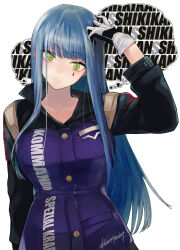 Rule 34 | 1girl, arm at side, black jacket, blue hair, breasts, closed mouth, cowboy shot, cross, girls&#039; frontline, gloves, green eyes, hand on own head, head tilt, highres, hk416 (girls&#039; frontline), iron cross, jacket, kojima (blue stardust), large breasts, long hair, long sleeves, looking at viewer, multicolored clothes, multicolored jacket, purple jacket, sidelocks, signature, simple background, smile, solo, straight hair, teardrop facial mark, two-tone jacket, white background, white gloves