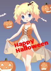 1girl alice_cartelet bare_shoulders blonde_hair blue_background blue_eyes clothes_lift collarbone dot_nose dress dress_lift english_text feet_out_of_frame female_focus hair_ornament halloween highres jack-o&#039;-lantern kin-iro_mosaic lifting_dress lifting_own_clothes looking_at_viewer open_mouth simple_background solo standing topon