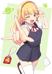 Rule 34 | 1girl, :d, blonde hair, blunt bangs, commentary, deadnooodles, green eyes, hairband, heanna sumire, highres, long hair, looking at viewer, love live!, love live! superstar!!, neck ribbon, one eye closed, open mouth, red ribbon, ribbon, school uniform, smile, solo, symbol-only commentary, teeth, thighhighs, upper teeth only, white background, white thighhighs