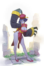 Rule 34 | 1girl, arm up, bare legs, blue hair, blue skin, breasts, chinese clothes, claw (weapon), claws, cleavage, cleavage cutout, clothing cutout, colored skin, full body, green eyes, hat, highres, jiangshi, large breasts, lei lei, long sleeves, looking at viewer, no panties, ofuda, pelvic curtain, qingdai guanmao, red footwear, short hair, solo, standing, timbougami, vampire (game), weapon