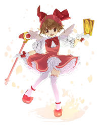 Rule 34 | 10s, 1990s (style), 1girl, ahoge, bad id, bad pixiv id, bow, brown eyes, brown hair, card, cardcaptor sakura, clow card, cosplay, dress, flying, full body, fuuin no tsue, gloves, hat, holding, holding card, kaburagi t. kotetsu, kinomoto sakura, kinomoto sakura (cosplay), magical girl, pink hat, poji (nega momoe), puffy sleeves, retro artstyle, short hair, solo, thighhighs, tiger &amp; bunny, wand, white gloves, white thighhighs, wings