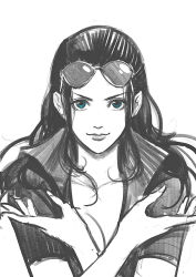 Rule 34 | 1girl, blue eyes, breasts, closed mouth, eyewear on head, female focus, kdash, lips, long hair, looking at viewer, medium breasts, nico robin, one piece, sketch, smile, solo, sunglasses