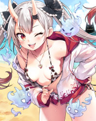 Rule 34 | 1girl, absurdres, animal print, ayaoshiro, bikini, bikini under clothes, black bow, bow, breasts, collarbone, cow print, fang, frilled bow, frills, gradient hair, hair bow, hand on own hip, highres, hololive, horns, jacket, jewelry, long hair, long sleeves, looking at viewer, multicolored hair, nakiri ayame, navel, necklace, one eye closed, oni, open mouth, print bikini, red eyes, red hair, side-tie bikini bottom, skin-covered horns, small breasts, smile, solo, streaked hair, swimsuit, two-tone hair, virtual youtuber, white hair, white jacket