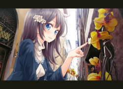 Rule 34 | 1girl, :p, alley, black hair, blue eyes, blush, bug, butterfly, flower, hair flower, hair ornament, bug, letterboxed, long hair, looking at viewer, original, pointing, smile, solo, tokunou shoutarou, tongue, tongue out, vanishing point