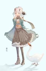 Rule 34 | 1girl, absurdres, animal, arknights, bibeak (arknights), bibeak (soft wool) (arknights), bird, blue background, blue eyes, blush, boots, brown footwear, brown skirt, coat, feather hair, frilled skirt, frills, full body, goose, gradient hair, green coat, grey hair, high heel boots, high heels, highres, long hair, long sleeves, multicolored hair, official alternate costume, open clothes, open coat, orange shirt, ponytail, senlumilelu639, shadow, shirt, simple background, skirt, solo, standing, tachi-e, thigh boots