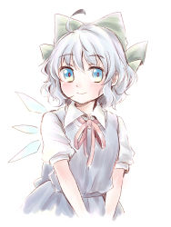 Rule 34 | 1girl, ahoge, blue dress, blue eyes, blue hair, blush, bow, cirno, collared shirt, dress, green bow, hair bow, highres, ice, ice wings, kuromame (8gou), looking at viewer, neck ribbon, pinafore dress, puffy short sleeves, puffy sleeves, red ribbon, ribbon, shirt, short hair, short sleeves, simple background, sleeveless dress, smile, solo, touhou, upper body, v arms, white background, white shirt, wings