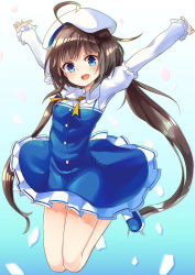 Rule 34 | 10s, 1girl, :d, arms up, beret, blue dress, blue eyes, blue footwear, blush, breasts, brown hair, commentary request, dress, frilled dress, frills, full body, hat, head tilt, highres, hinatsuru ai, layered sleeves, long hair, long sleeves, looking at viewer, low twintails, mary janes, open mouth, osisio, outstretched arms, puffy short sleeves, puffy sleeves, ryuuou no oshigoto!, school uniform, shoes, short over long sleeves, short sleeves, small breasts, smile, socks, solo, teeth, twintails, upper teeth only, very long hair, white hat, white socks, yellow neckwear