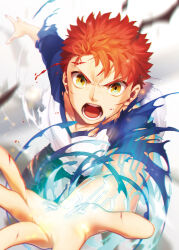 Rule 34 | 1boy, bleeding, blood, blue shirt, blurry, blurry background, colored skin, commentary, depth of field, emiya shirou, fate/stay night, fate (series), fighting stance, grey background, highres, incoming attack, injury, long sleeves, looking at viewer, male focus, multicolored skin, nose, open hands, open mouth, orange hair, otama (atama ohanabatake), outstretched arms, shirt, short hair, simple background, solo, spiked hair, teeth, torn clothes, torn shirt, two-tone skin, v-shaped eyebrows, white shirt, wide-eyed, yellow eyes