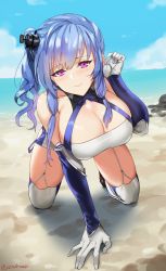 Rule 34 | 1girl, ahoge, azur lane, bare shoulders, beach, blue hair, blue sky, blush, breasts, cleavage, commentary request, day, elbow gloves, gloves, highres, kneeling, large breasts, long hair, looking at viewer, ocean, outdoors, purple eyes, sendo (sendrawz), side ponytail, sidelocks, sky, smile, solo, st. louis (azur lane), sunlight, thighhighs, water, wavy hair, white gloves