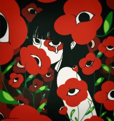 Rule 34 | 1girl, bare shoulders, black background, black hair, blunt bangs, covered mouth, crying, extra eyes, facial mark, flower, from side, highres, hu (saimens), long hair, looking at viewer, looking to the side, original, red flower, signature, solo, straight hair, tears from one eye, trypophobia, upper body