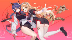 Rule 34 | 2022, 2girls, :3, animal, animal ears, arknights, black dress, blonde hair, blue hair, breasts, ch&#039;en (arknights), dragon girl, dragon horns, dragon tail, dress, feet out of frame, foreshortening, from behind, gradient background, green eyes, highres, holding, holding tray, hongbaise raw, horns, large breasts, leg up, long hair, looking at viewer, low twintails, maid, maid headdress, multiple girls, open mouth, orange background, outstretched arm, pink background, red eyes, short sleeves, sidelocks, simple background, sleeves rolled up, sunglasses, swire (arknights), tail, teapot, thighhighs, thighs, tiger, tiger ears, tiger girl, tiger tail, tray, twintails, very long hair, white legwear, white wrist cuffs, wrist cuffs