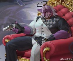 Rule 34 | 1boy, :p, animal ears, bara, beard, belt, black belt, bulge, chunyilangqiu (weibo5037617859), costume request, creature, facial hair, floating card, feet out of frame, fingerless gloves, gloves, gun, halo, head tilt, holding, holding gun, holding weapon, large pectorals, male focus, mature male, multicolored clothes, muscular, muscular male, original, pectorals, pink hair, purple fur, short hair, sitting, sleeves rolled up, solo, thick thighs, thighs, throne, tongue, tongue out, weapon, weapon request, wolf boy, wolf ears