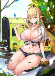 Rule 34 | 1girl, absurdres, ahoge, blonde hair, blue shorts, boots, breasts, center opening, choker, cleavage, elf, elven forest maker, elven forest maker (last origin), green eyes, hair between eyes, haribo kanten, highres, huge breasts, last origin, leaf, long hair, looking at viewer, micro shorts, navel, open clothes, open shorts, petals, phone, plant, pointy ears, revealing clothes, ruins, seiza, shirt, shorts, sitting, sleeves rolled up, solo, sparkle, sweat, tied shirt, underbust, white choker, white shirt
