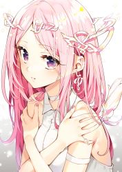 Rule 34 | 1girl, armlet, bare shoulders, choker, crown, earrings, hair ornament, hand on own shoulder, highres, jewelry, long eyelashes, looking at viewer, nail polish, original, parted bangs, parted lips, pink hair, purple eyes, ring, sakuragi ren, simple background, solo, white choker