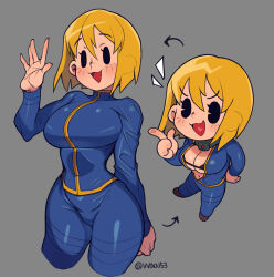 Rule 34 | 1girl, black bra, black eyes, blonde hair, blue jumpsuit, blush, bra, chibi, comparison, fallout (series), full body, grey background, hand on own hip, hand up, highres, jumpsuit, open clothes, open mouth, short hair, simple background, smile, tongue, twitter username, underwear, vault girl, waa153