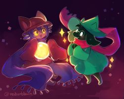 Rule 34 | animal ears, blue scarf, blush, cat ears, crossover, deltarune, goat, green headwear, green tunic, horns, light bulb, niko (oneshot), oneshot (game), open mouth, pink scarf, ralsei, reidiantdawn, scarf, slit pupils, third-party source, tunic, whiskers, wizard