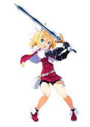 Rule 34 | 1girl, bike shorts, blonde hair, blue eyes, capelet, full body, fur trim, gloves, harada takehito, highres, holding, holding sword, holding weapon, medium hair, microskirt, official art, open mouth, photoshop (medium), pleated skirt, red footwear, red skirt, shikabane-gurai no bouken meshi, skirt, solo, standing, sword, transparent background, two-handed, weapon