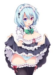 Rule 34 | 1girl, alternate costume, black skirt, black thighhighs, blue eyes, blue hair, blue panties, bow, bowtie, breasts, bridal garter, cleavage, clothes lift, cowboy shot, enmaided, frilled skirt, frills, green bow, green bowtie, grey background, hair between eyes, heterochromia, highres, large breasts, lifted by self, looking at viewer, maid, maid headdress, maturiuta sorato, panties, polka dot, polka dot panties, puffy short sleeves, puffy sleeves, red eyes, red ribbon, ribbon, short hair, short sleeves, simple background, skirt, skirt lift, smile, solo, tatara kogasa, thighhighs, tongue, tongue out, touhou, underwear, white background, wing collar