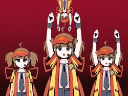 4girls :o ahoge arms_up black_necktie black_shorts black_wristband brown_hair clone double_cheese_(mcdonald&#039;s) employee_uniform fast_food_uniform frown gradient_background haori hashtag-only_commentary hat highres japanese_clothes mcdonald&#039;s mitei_1113 multiple_girls necktie parody parted_lips ran_ran_ru red_background red_hat shirt short_hair short_sleeves shorts simple_background standing striped_clothes striped_shirt tie_clip twintails upper_body upside-down vertical-striped_clothes vertical-striped_shirt visor_cap wing_collar yellow_haori