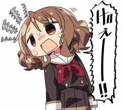 Rule 34 | 1girl, blush, brown eyes, brown hair, brown jacket, brown skirt, commentary request, cowboy shot, hibike! euphonium, jacket, kanikama, looking away, looking to the side, lowres, neckerchief, open mouth, oumae kumiko, pleated skirt, red neckerchief, sailor collar, school uniform, serafuku, simple background, skirt, solo, standing, sweatdrop, translation request, white background