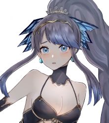 Rule 34 | 1girl, :o, akitama2727, bare shoulders, bikini, blue bikini, blue eyes, blue gloves, blue hair, breasts, cleavage, covering own mouth, elbow gloves, gloves, hair between eyes, hair ornament, highres, long hair, looking at viewer, navel, ningyo hime (sinoalice), open mouth, ponytail, portrait, simple background, sinoalice, solo, swimsuit, white background