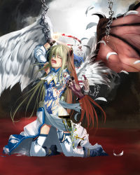 Rule 34 | 1girl, angel wings, blonde hair, blood, blue eyes, chain, demon wings, fantasy, feathers, halo, highres, kneeling, kouji (astral reverie), one eye closed, original, solo, thighhighs, torn clothes, transformation, wings, wink