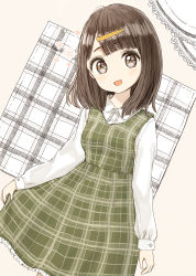 Rule 34 | 1girl, :d, blush, breasts, brown background, brown eyes, brown hair, collared shirt, dress, dress shirt, frilled dress, frills, green dress, hair ornament, hairclip, head tilt, long sleeves, looking at viewer, nasuna, open mouth, original, plaid, plaid dress, shirt, skirt hold, sleeveless, sleeveless dress, small breasts, smile, solo, white shirt